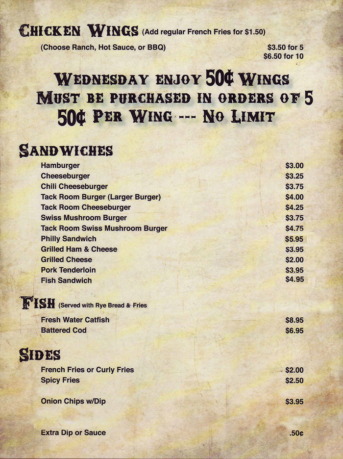 Tack Room Bar & Grill Menu Lincoln Nebraska